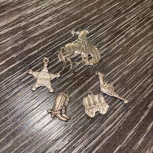 Vintage Western Pendants Lot Of 5 Charms Color Silver Boots  Wagon Sheriff Badge